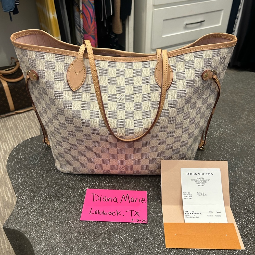 Louis Vuitton Neverfull Rose Ballerine MM White Damier Azur Canvas w RECEIPT